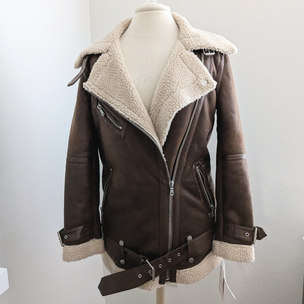 NWT Avec les Filles Faux-Shearling Moto Jacket in Whiskey/Cream XS